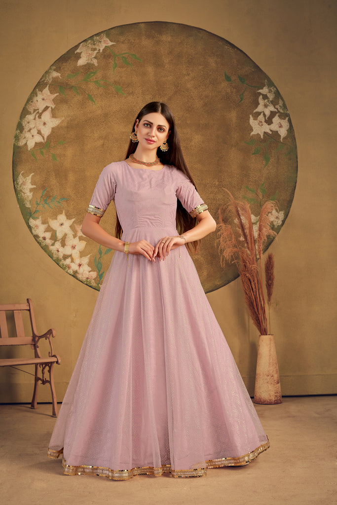 Peach Net Fabric Full Embroidered Stitched Anarkali Gown - BUYON